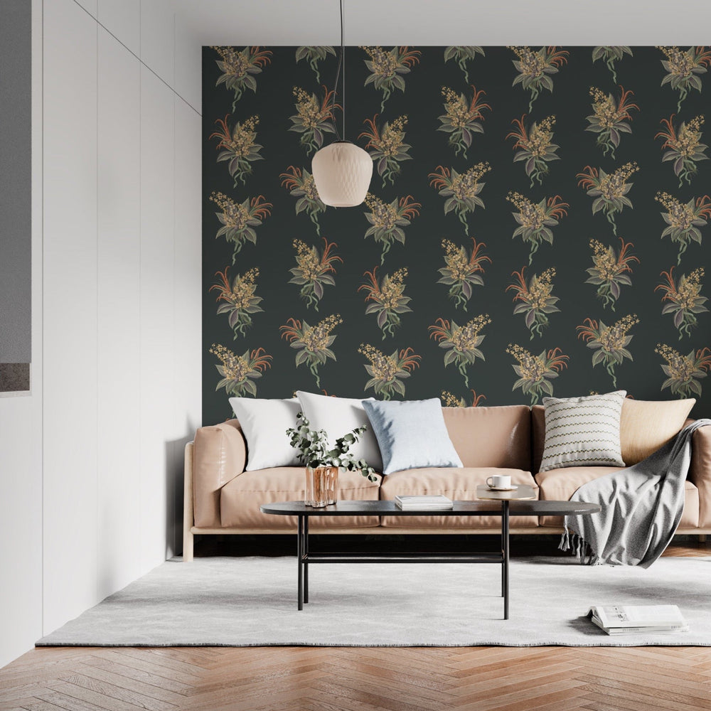 Chestnut Bouquet wallpaper in Agnes by Kate Walton: hand-painted horse chestnut blossom on a deep charcoal ground