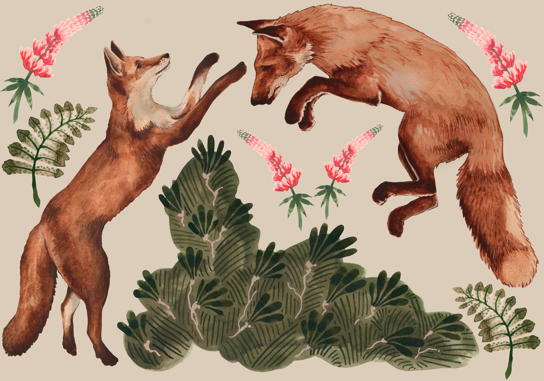 fox play, fabric decals, wall decals, hand painted design, fabric wall stickers, fox decal, watercolour decal, kids room decal, botanical decal, nursery decal, fox wall art, animal wall sticker, nature decal, lupin, wall sticker UK, floral decal, playful foxes