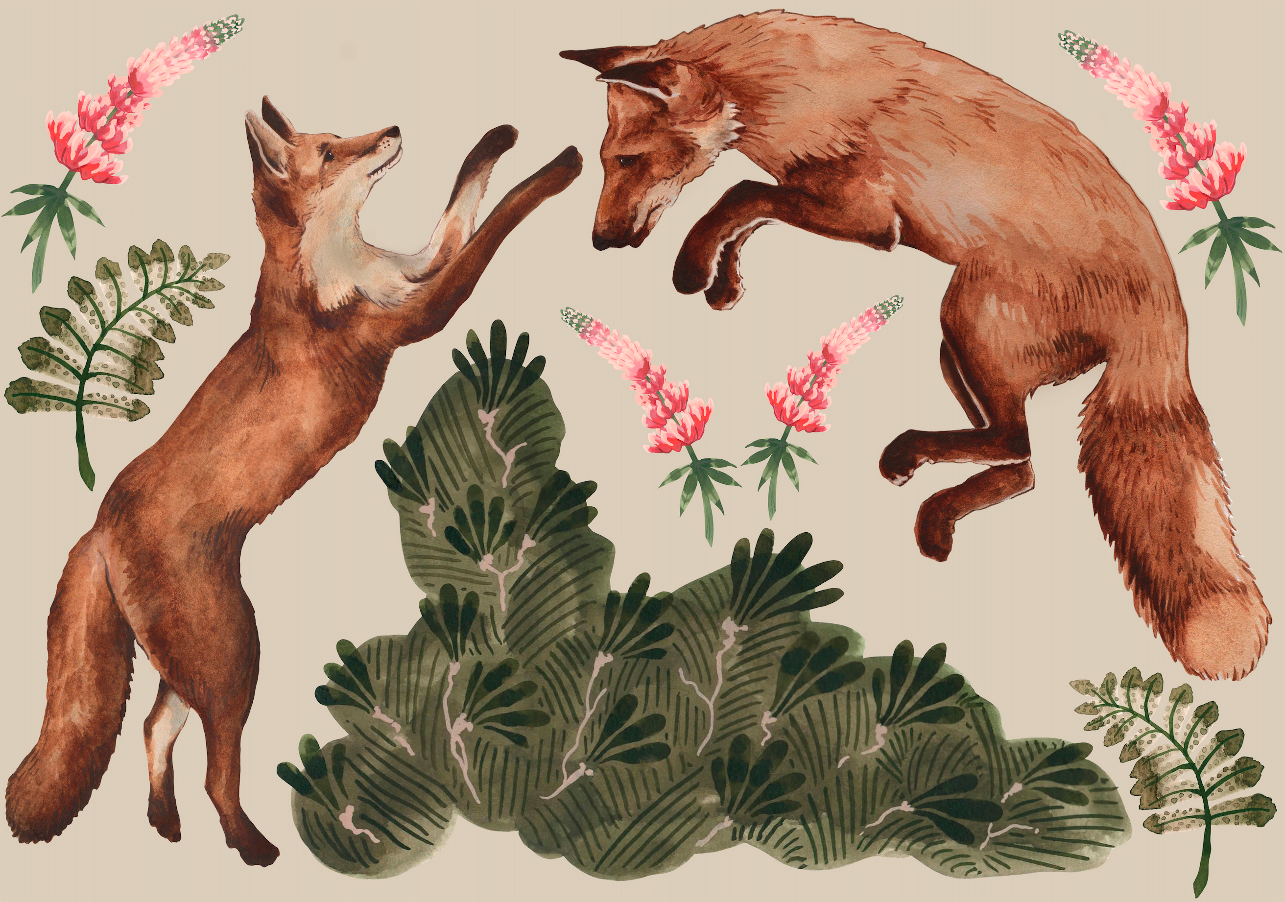 fox play, fabric decals, wall decals, hand painted design, fabric wall stickers, fox decal, watercolour decal, kids room decal, botanical decal, nursery decal, fox wall art, animal wall sticker, nature decal, lupin, wall sticker UK, floral decal, playful foxes