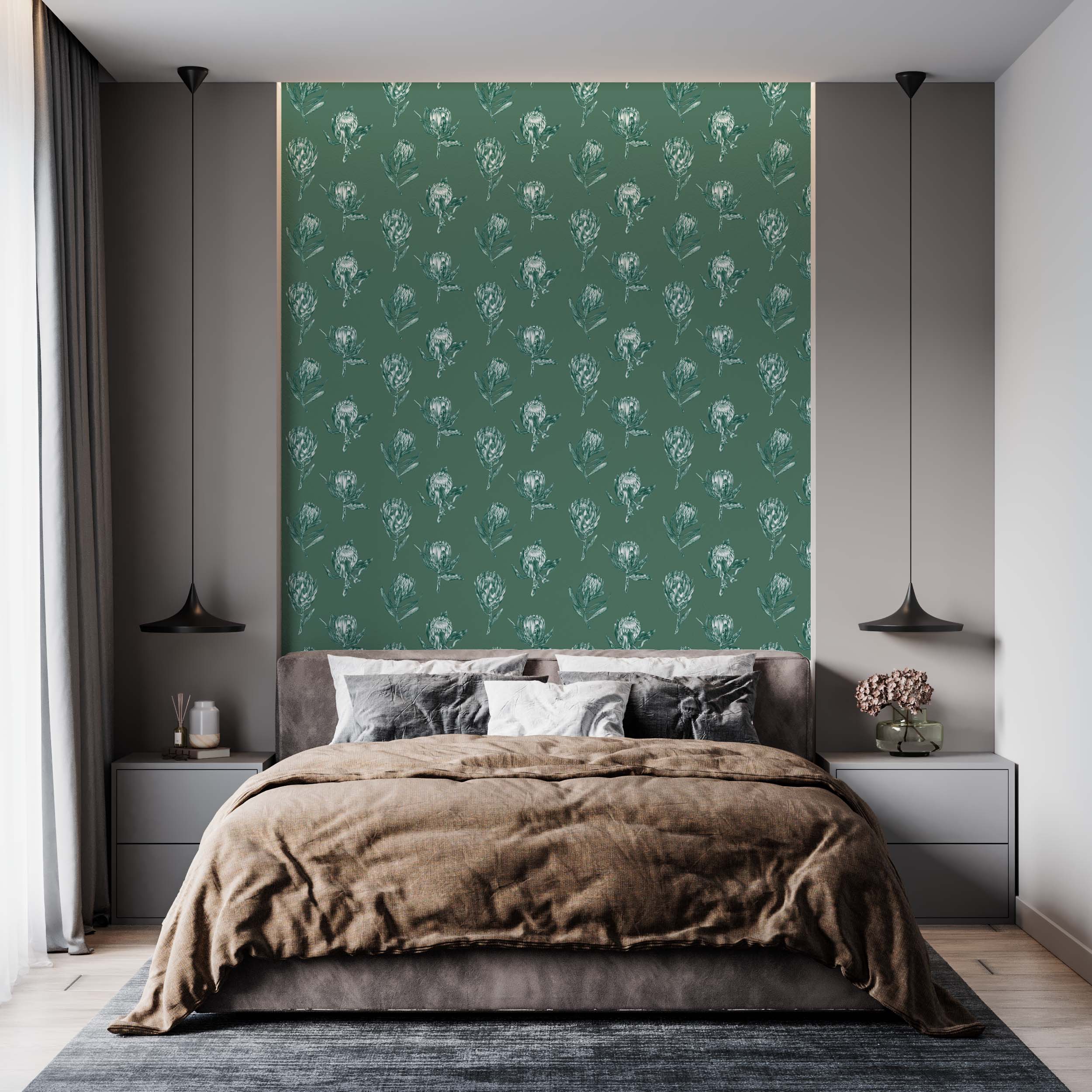 Wallpaper, premium wallpaper, botanical wallpaper, Floral wallpaper, FSC wallpaper, plant a tree, Protea Polka wallpaper, Kate Walton, Kate Walton Collections, Kate Walton wallpaper, bedroom wallpaper, hotel wallpaper, hotel interior