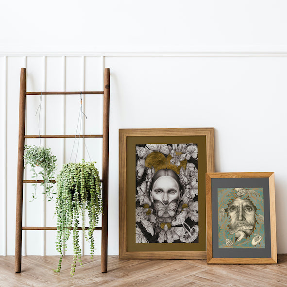 FSC paper, handpainted, premium, Giclée print, high quality print, hand painted, carbon neutral, ethical, ethical art, ethereal painting, portrait, pencil portrait, artwork, independent artist, butterfly illustration, insect illustration, interior styling, black and white portrait