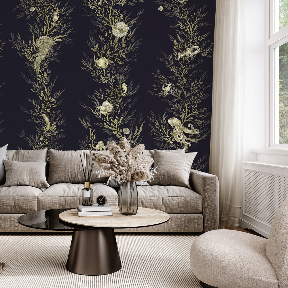 Kelp Forest wallpaper by Kate Walton: hand-painted underwater kelp forest with fish in a sitting room