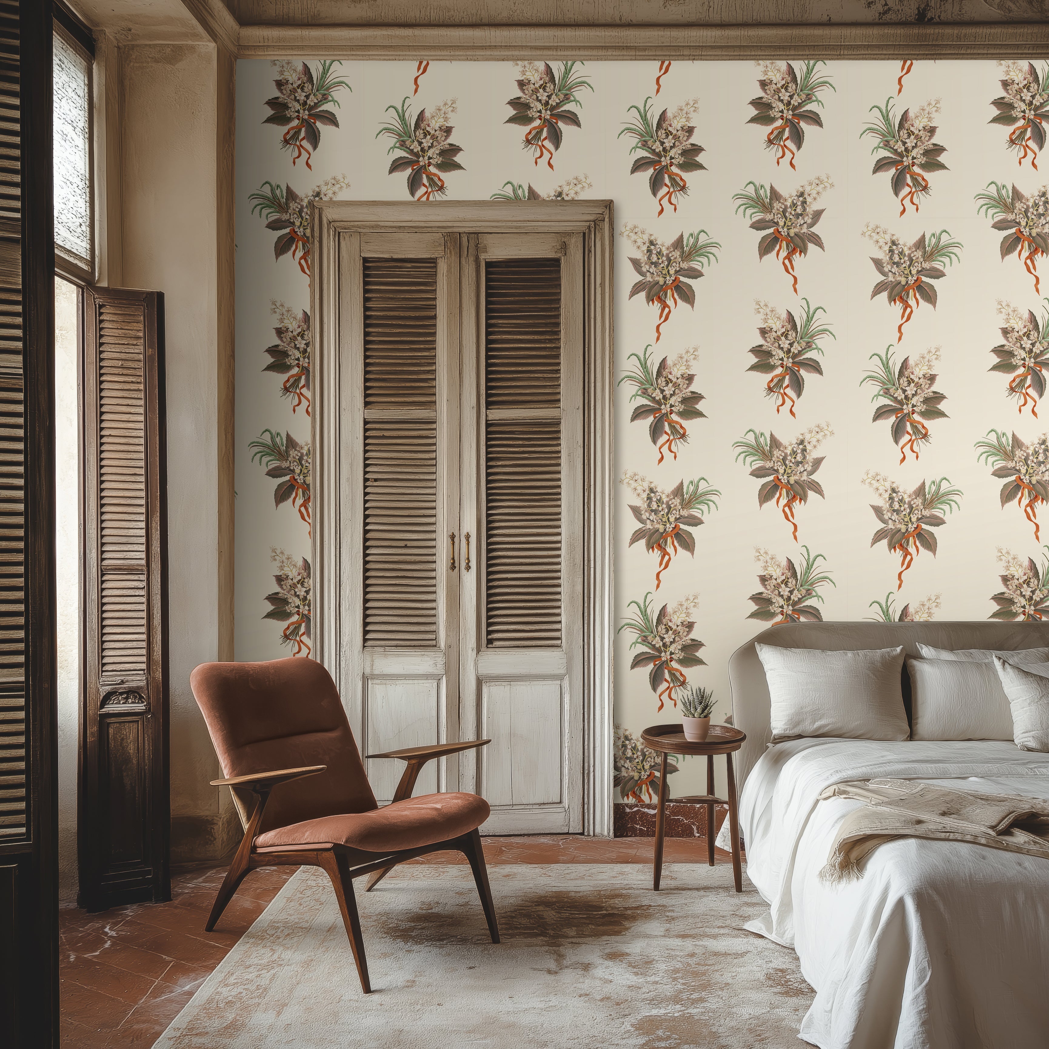 Sophia Chestnut Wallpaper, premium wallpaper. In a gorgeous light bedroom with shutters on the windows and a high ceiling. 