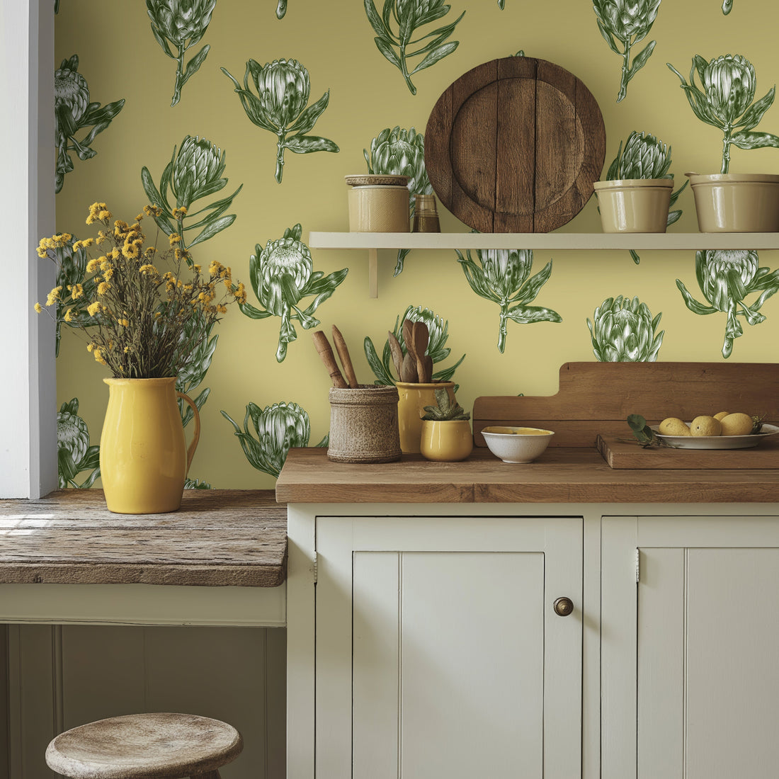 Wallpaper, premium wallpaper, botanical wallpaper, Floral wallpaper, FSC wallpaper, plant a tree, Protea Polka wallpaper, Kate Walton, Kate Walton Collections, Kate Walton wallpaper, living room wallpaper