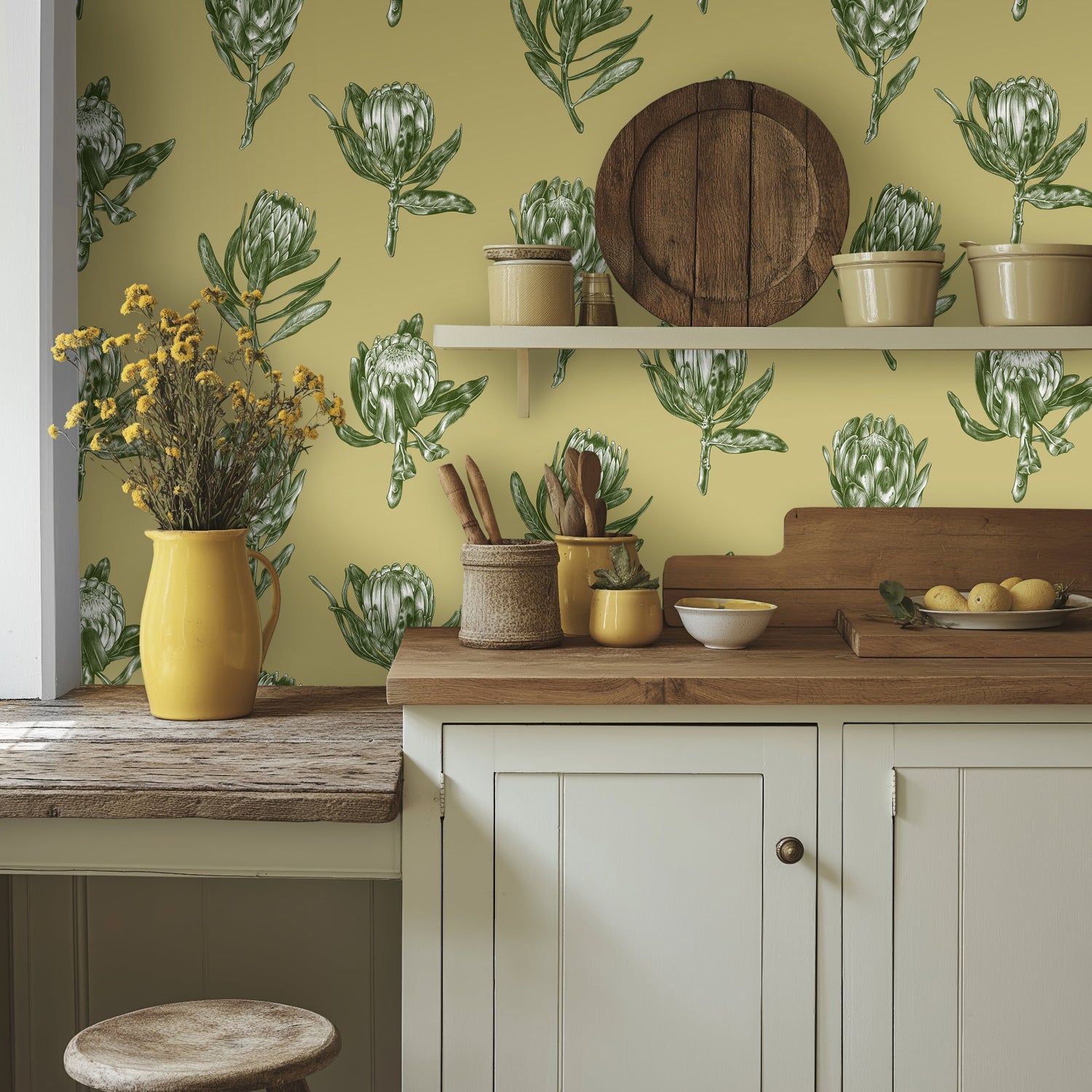 Wallpaper, premium wallpaper, botanical wallpaper, Floral wallpaper, FSC wallpaper, plant a tree, Protea Polka wallpaper, Kate Walton, Kate Walton Collections, Kate Walton wallpaper, living room wallpaper