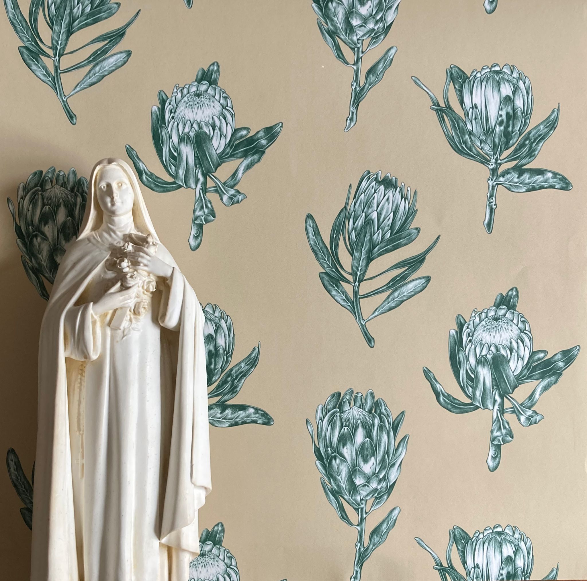 Wallpaper, premium wallpaper, botanical wallpaper, Floral wallpaper, FSC wallpaper, plant a tree, Protea Polka wallpaper, Kate Walton, Kate Walton Collections, Kate Walton wallpaper, living room wallpaper