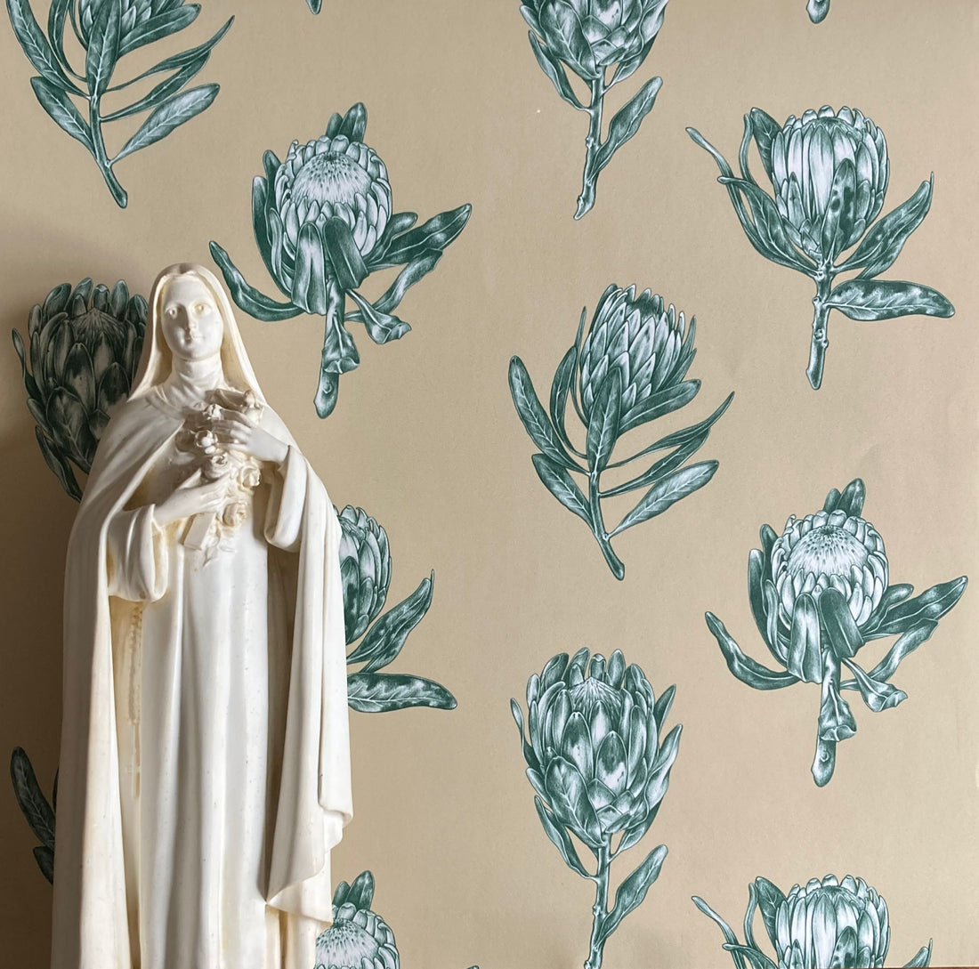 Wallpaper, premium wallpaper, botanical wallpaper, Floral wallpaper, FSC wallpaper, plant a tree, Protea Polka wallpaper, Kate Walton, Kate Walton Collections, Kate Walton wallpaper, living room wallpaper