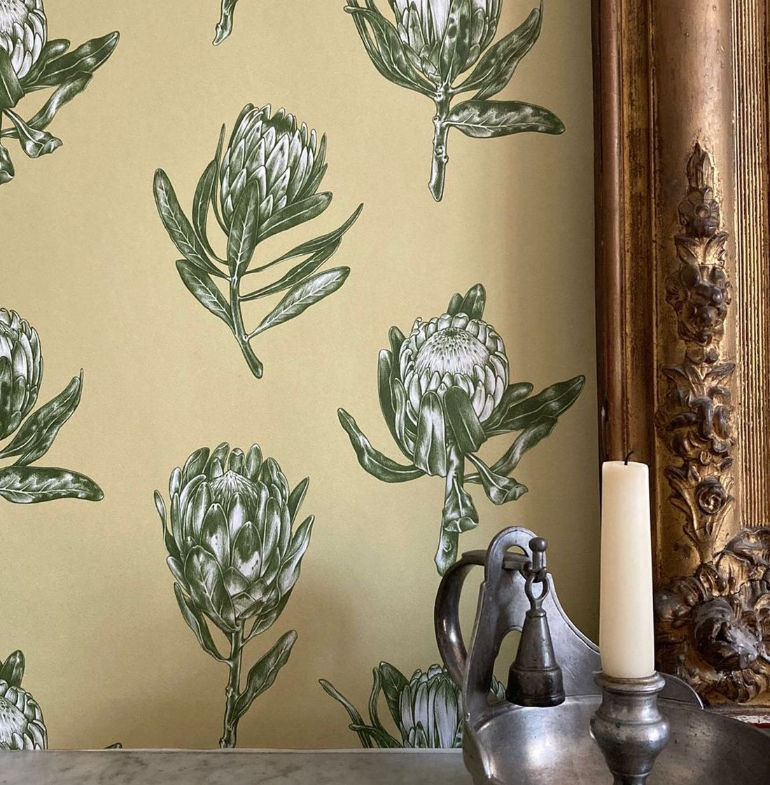 Wallpaper, premium wallpaper, botanical wallpaper, Floral wallpaper, FSC wallpaper, plant a tree, Protea Polka wallpaper, Kate Walton, Kate Walton Collections, Kate Walton wallpaper, living room wallpaper