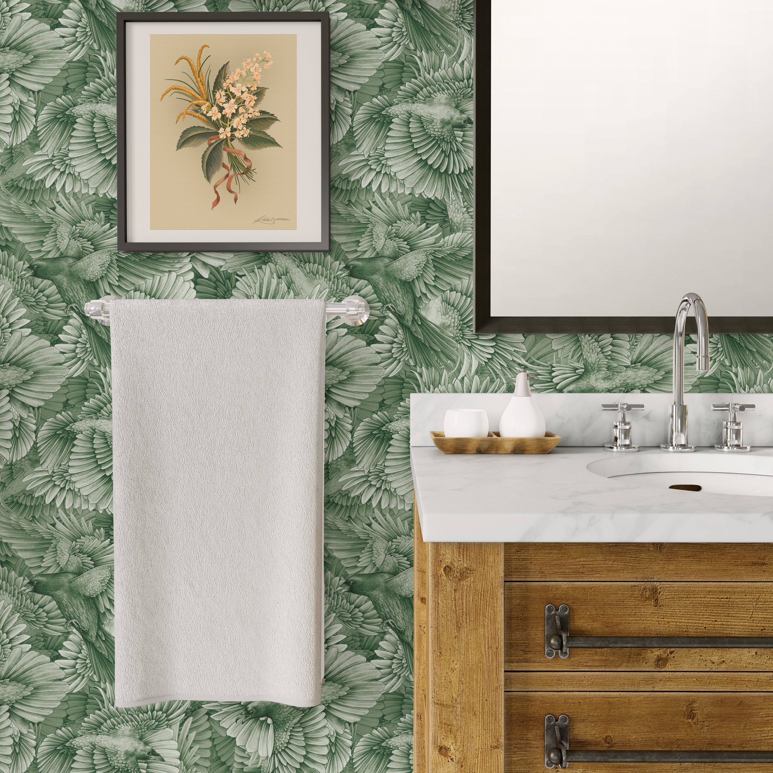 Wallpaper, premium wallpaper, bird wallpaper, FSC wallpaper, plant a tree, Raven Fleet wallpaper, Kate Walton, Kate Walton Collections, Kate Walton wallpaper, bathroom wallpaper