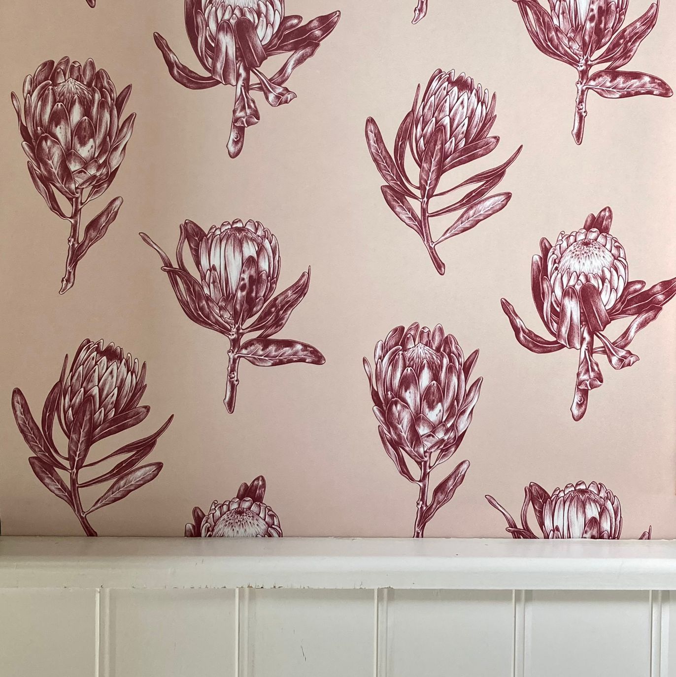 Wallpaper, premium wallpaper, botanical wallpaper, Floral wallpaper, FSC wallpaper, plant a tree, Protea Polka wallpaper, Kate Walton, Kate Walton Collections, Kate Walton wallpaper, bathroom wallpaper