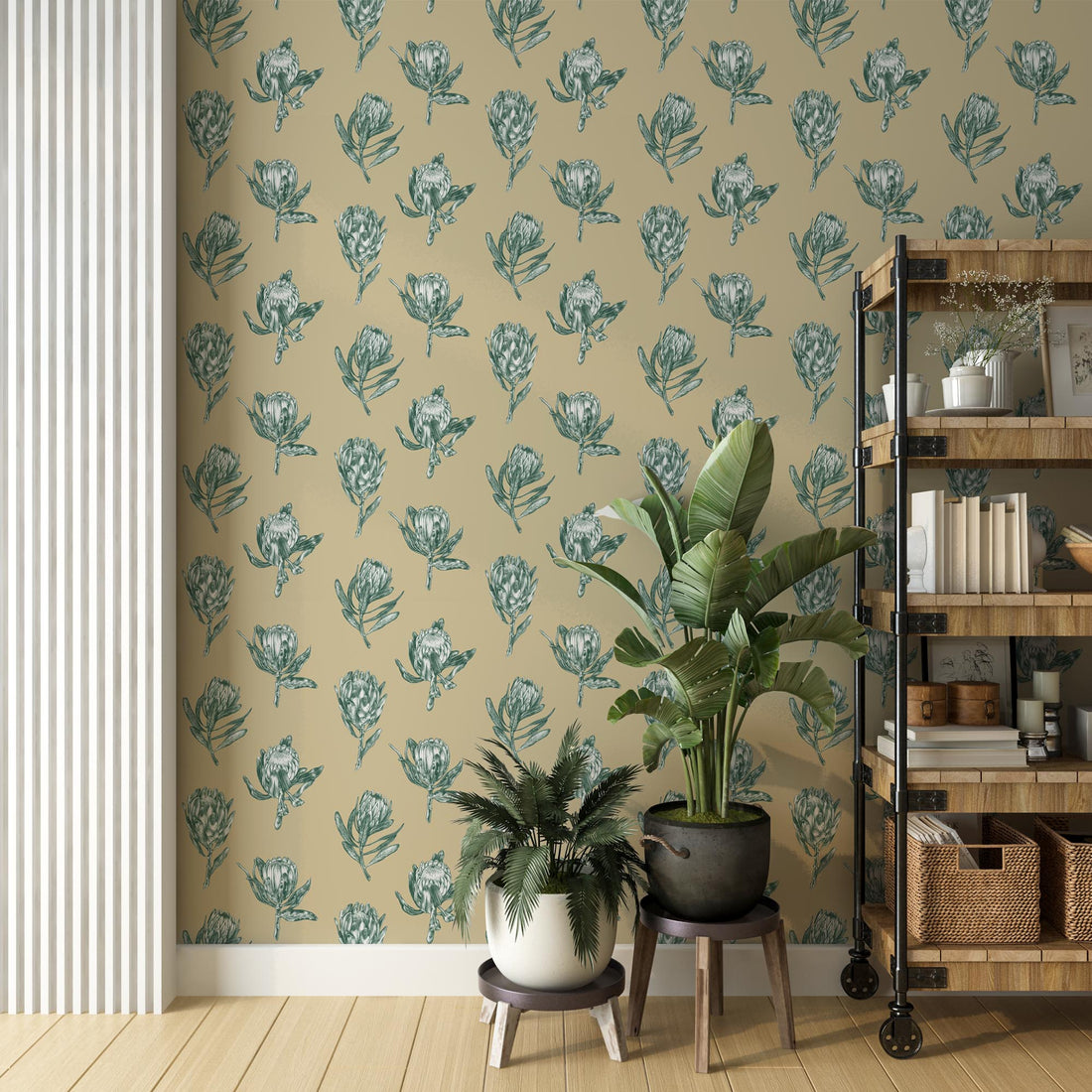 Wallpaper, premium wallpaper, botanical wallpaper, Floral wallpaper, FSC wallpaper, plant a tree, Protea Polka wallpaper, Kate Walton, Kate Walton Collections, Kate Walton wallpaper, living room wallpaper